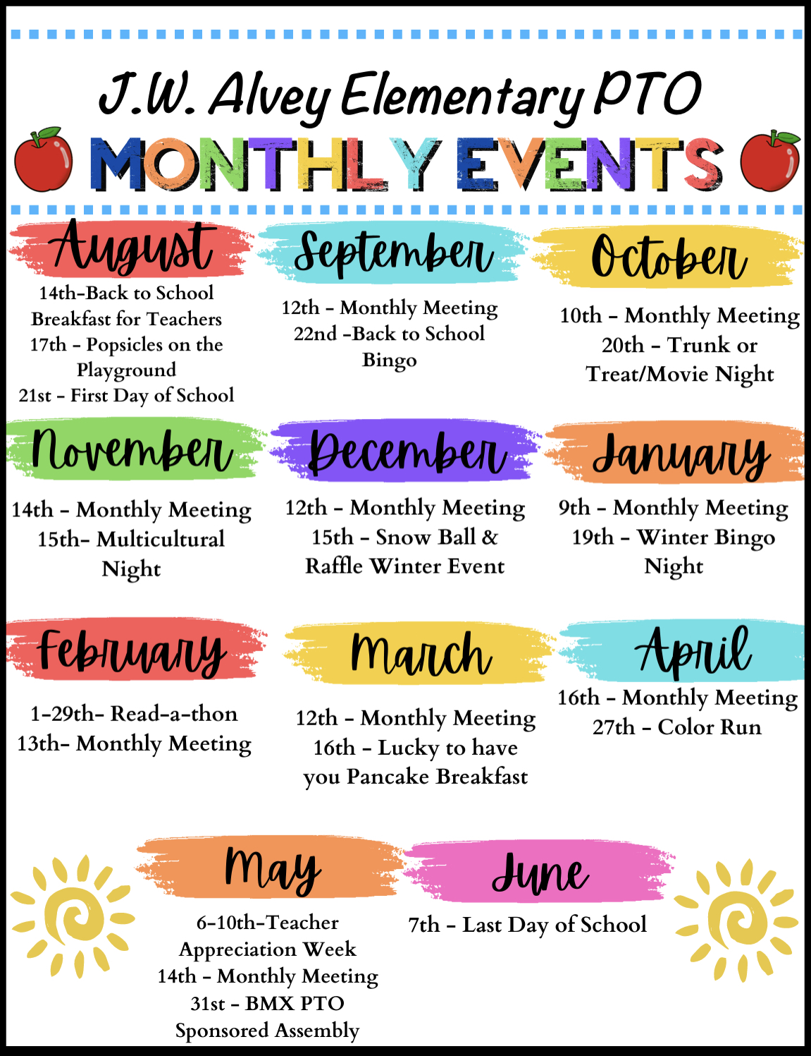 Monthly events calendar for Alvey Elementary School PTO