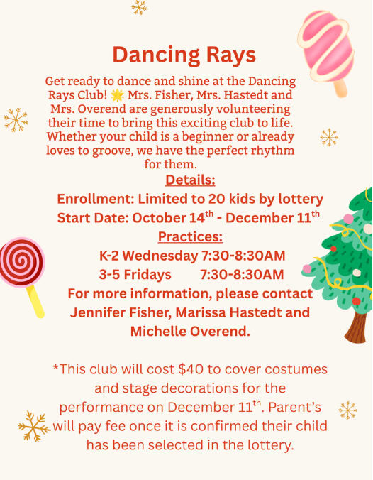 Information about the dancing Rays flyer. Inforamtion is written on the site