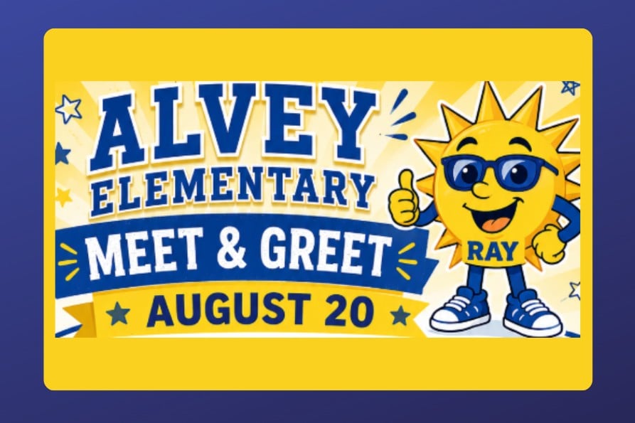 Dark blue background with the title JW Alvey Meet and Greet August 20th and a picture of Ray the School mascot