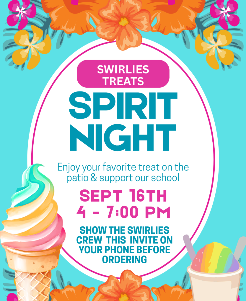 colorful flyer with spirit night informatio on it. The info is on the website.